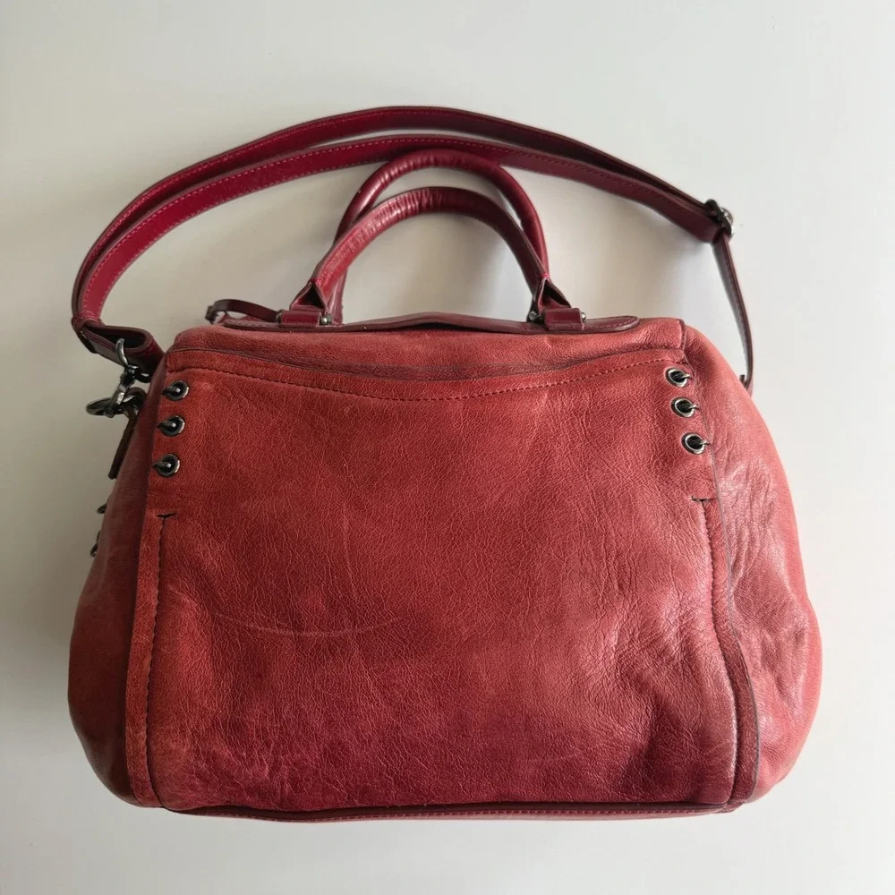 Olivia Harris Double Top Satchel Distressed Red Leather Shoulder Bag Purse - Picture 1 of 14